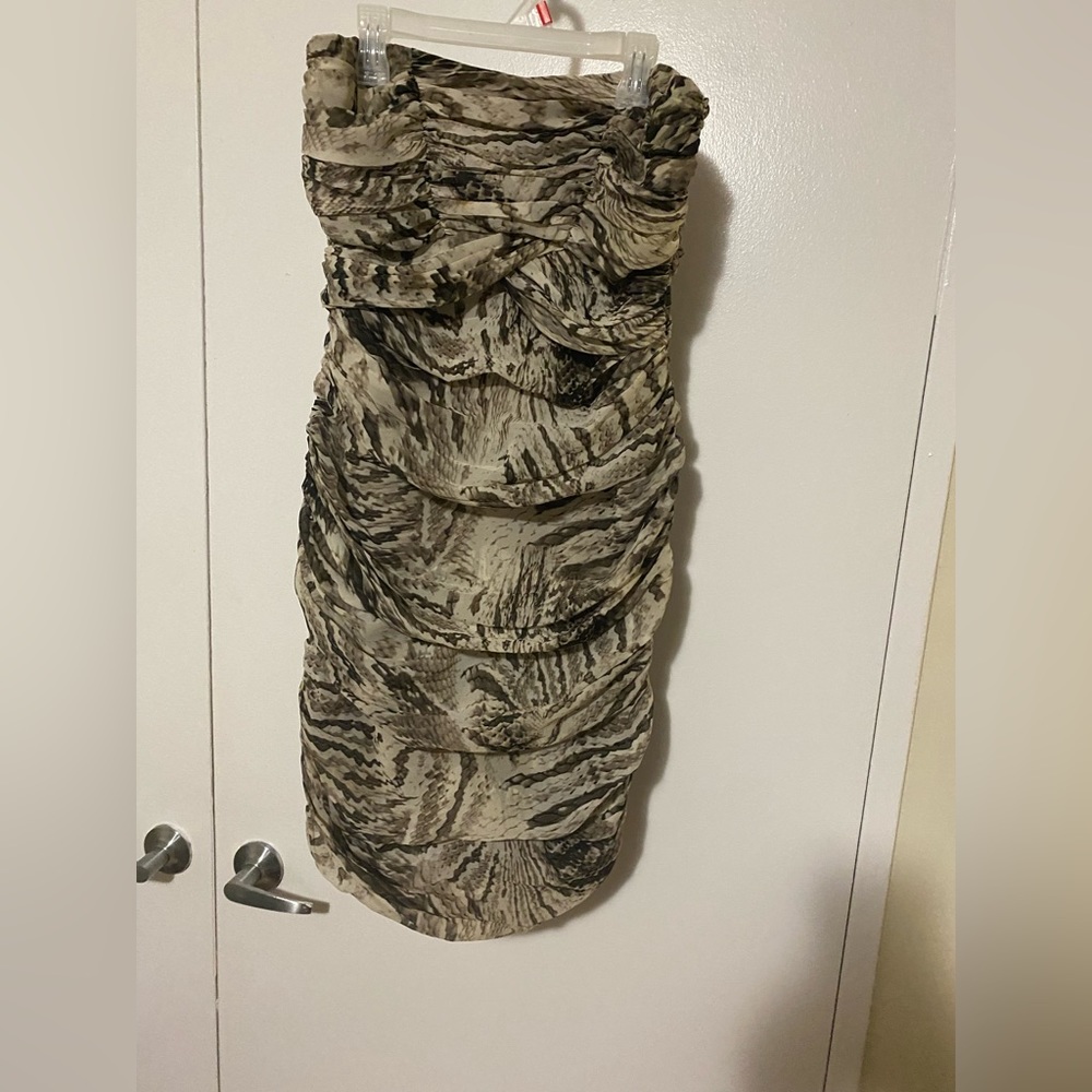 Strapless rouched lined dress with animal print size M
